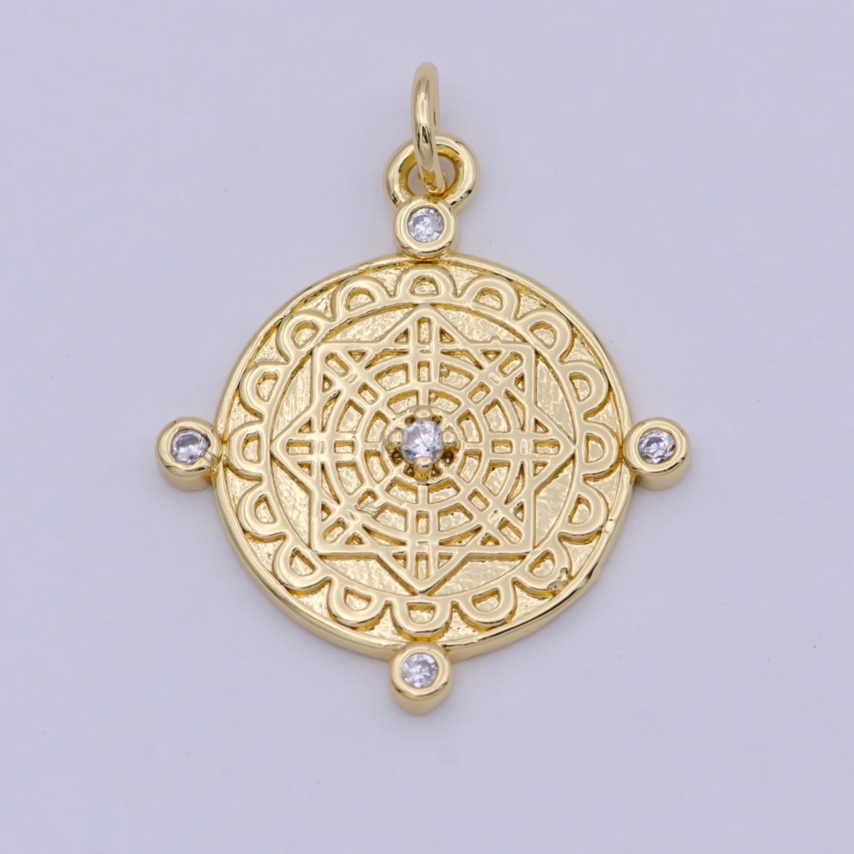 Compass Pendant, cubic zirconia cz diamonds, 14K Gold Filled, medallion pendant for Necklace Jewelry Making W-170 - DLUXCA