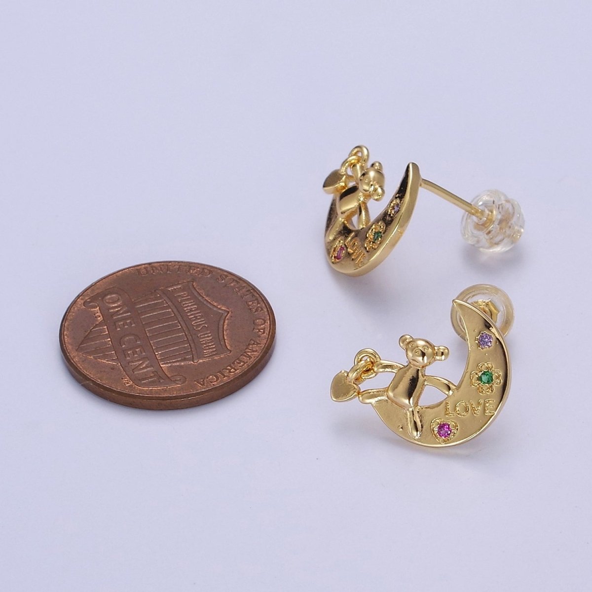 Crescent Moon and Teddy Bear Stud Earring CZ Moon Earring Gold Stud V-122 - DLUXCA