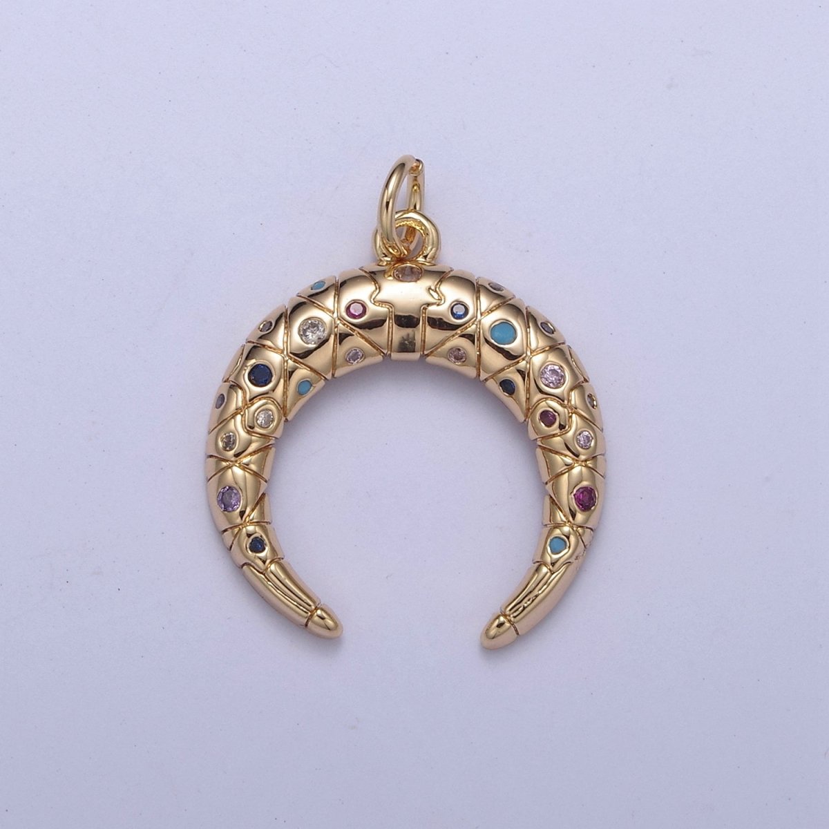 Crescent Moon Charm 16k Gold Filled Double Horn Pendant Necklace, Celestial Jewelry, Half Moon Tusk Upside Down Tusk With CZ Stone N-356 - DLUXCA