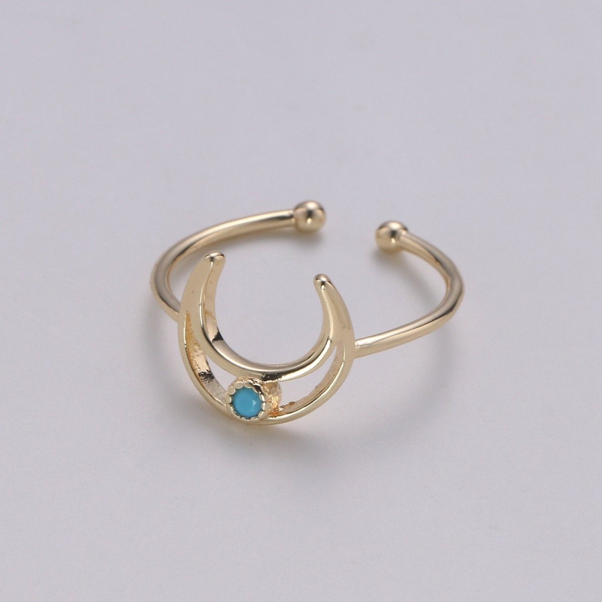 Crescent Moon Ring, Open Moon Ring, Turqouise ring, Blue Moon Ring, Celestial Jewelry, Adjustable Gold Open Ring, Christmas gift R-111 - DLUXCA