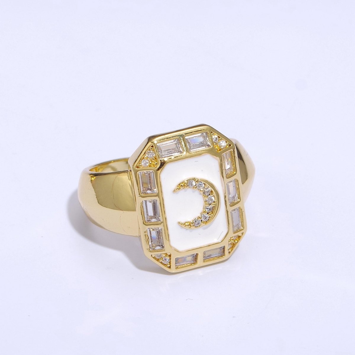Crescent Moon Spinel Signet Ring Gold Chunky Ring Celestial Enamel Colorful Cz Jewelry U-001~U-005 - DLUXCA