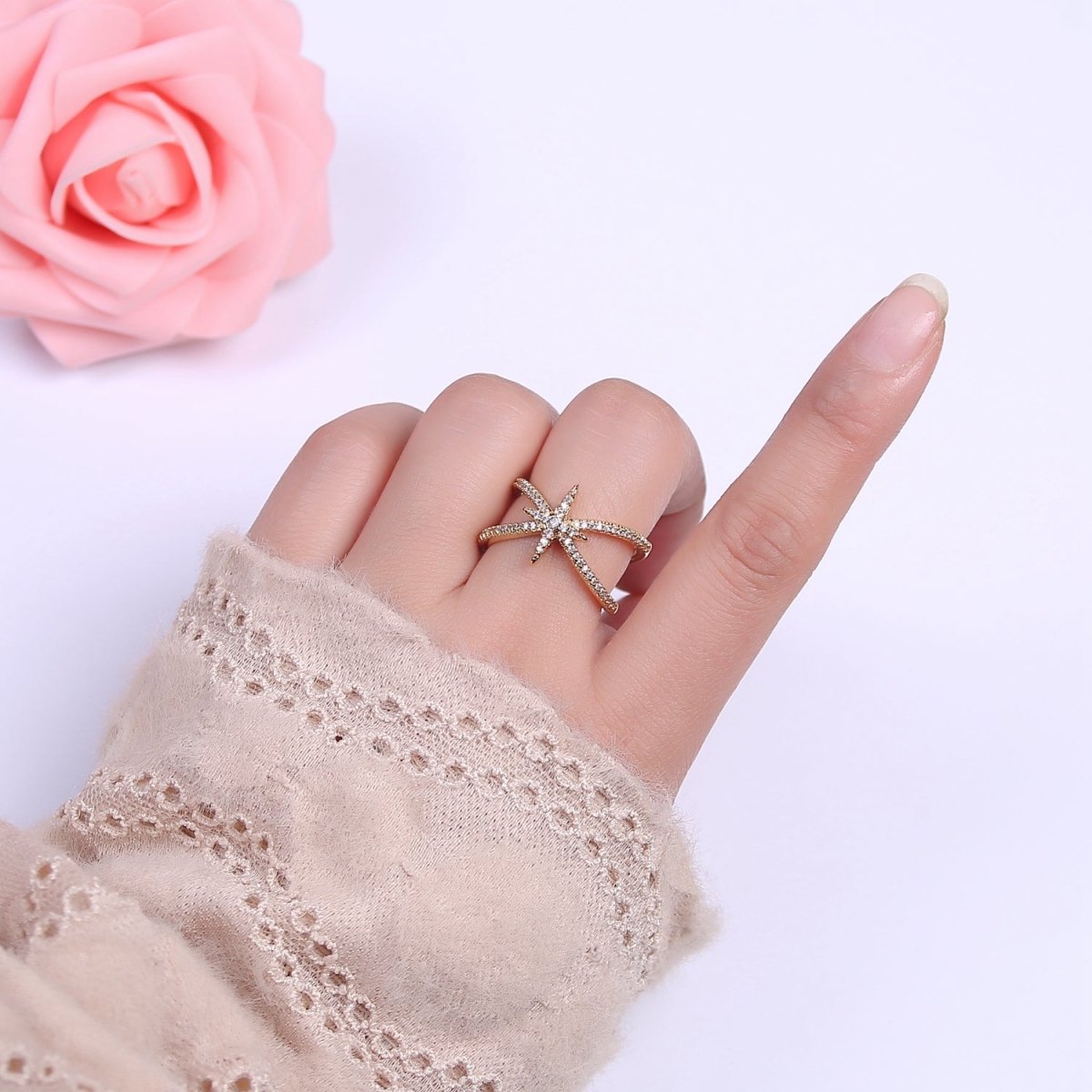 Criss Cross Star Ring, CZ Ring, Statement Ring Silver, X rings, Crossover Ring Open Adjustable 14k Gold Filled S-449 S-450 - DLUXCA