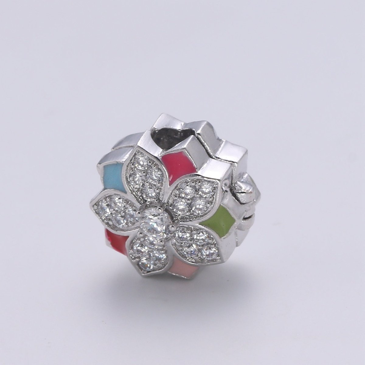 Crystal and Colorful Flower on Gold Filled Round Beads CZ Silver Floral Nature Jewelry Making Beads B361 - DLUXCA