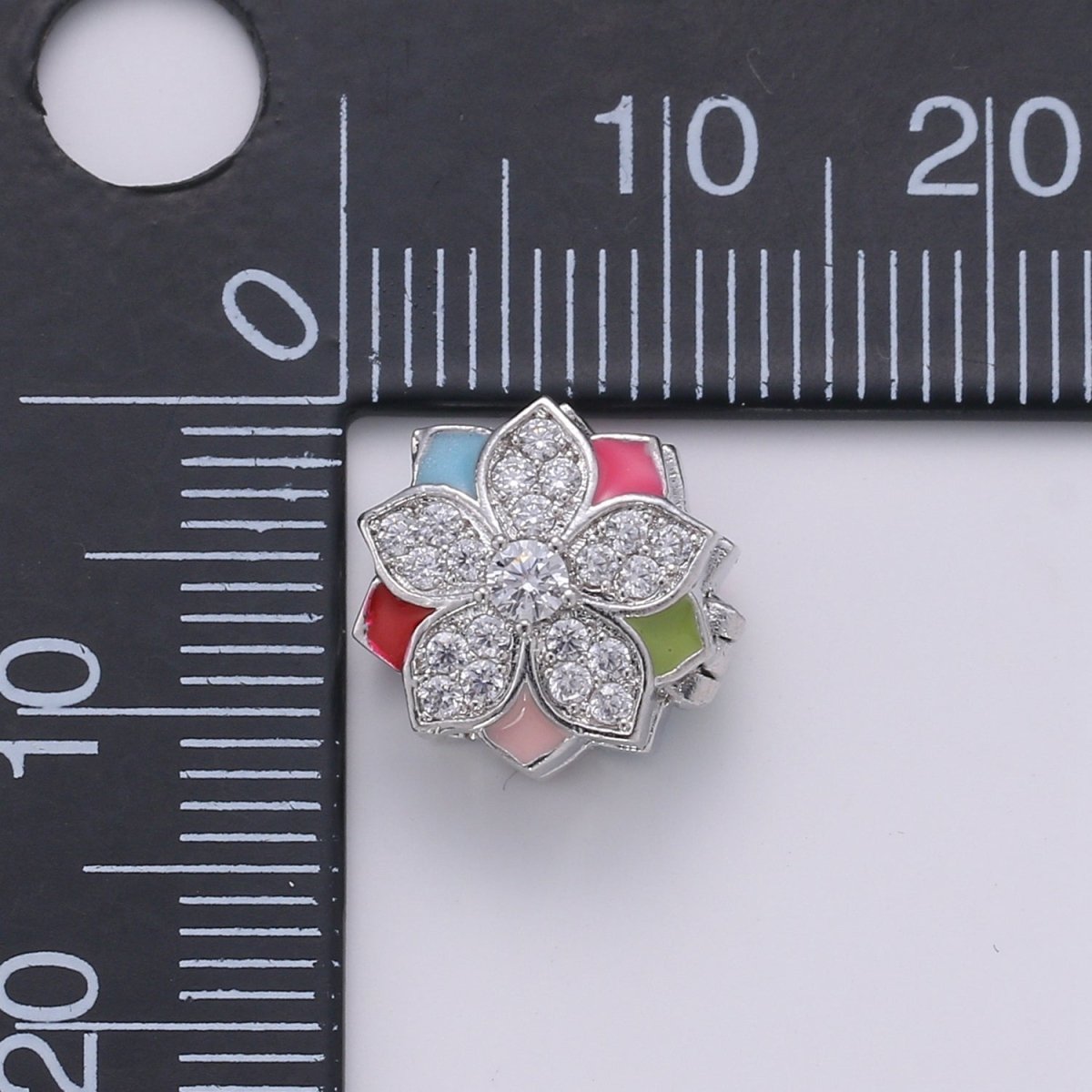 Crystal and Colorful Flower on Gold Filled Round Beads CZ Silver Floral Nature Jewelry Making Beads B361 - DLUXCA