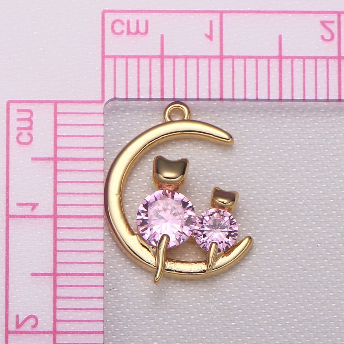 Crystal Cat Kitten Sitting on Golden Crescent Charm CZ Animal and Plain Gold Sky Object Nature Charm Pendant - DLUXCA