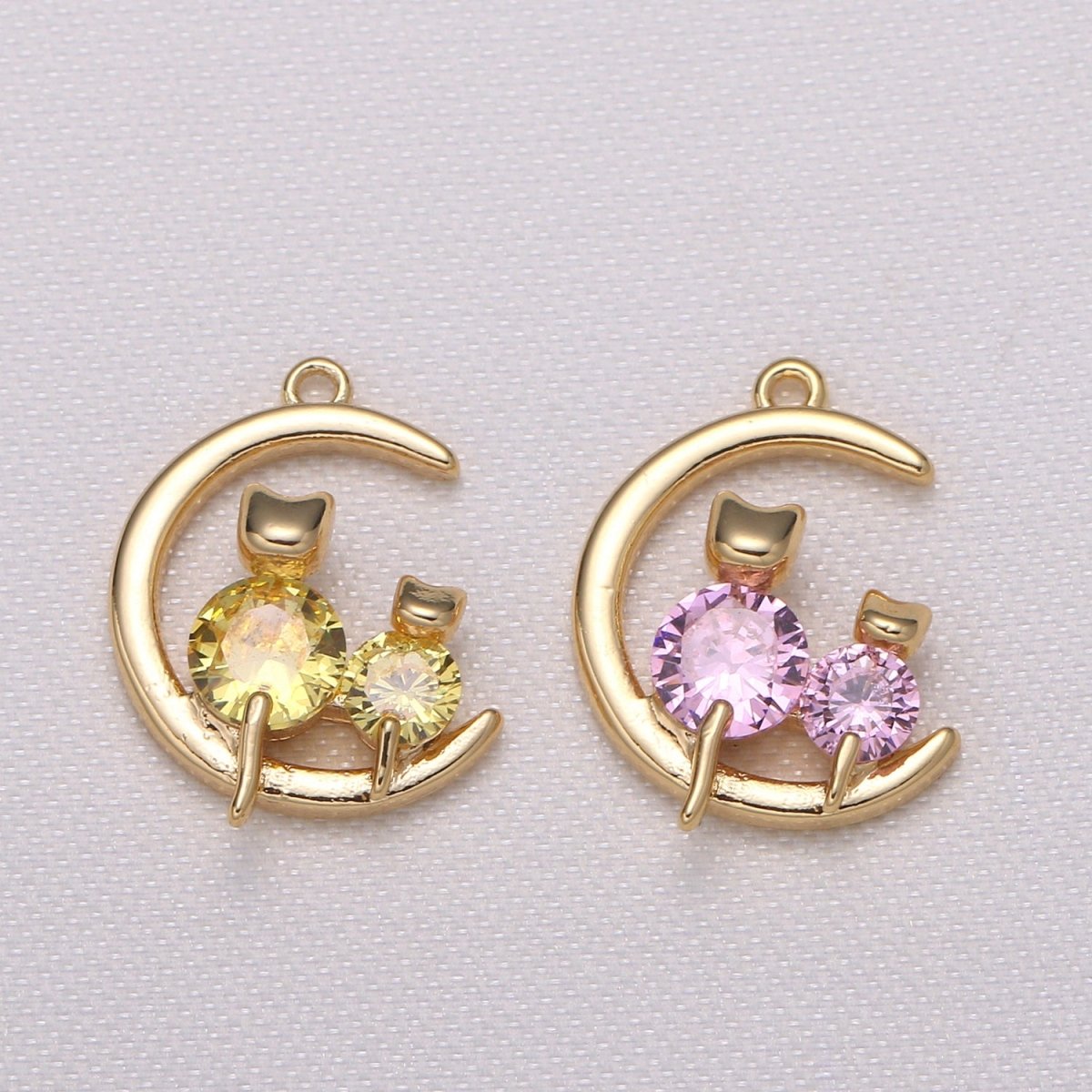 Crystal Cat Kitten Sitting on Golden Crescent Charm CZ Animal and Plain Gold Sky Object Nature Charm Pendant - DLUXCA