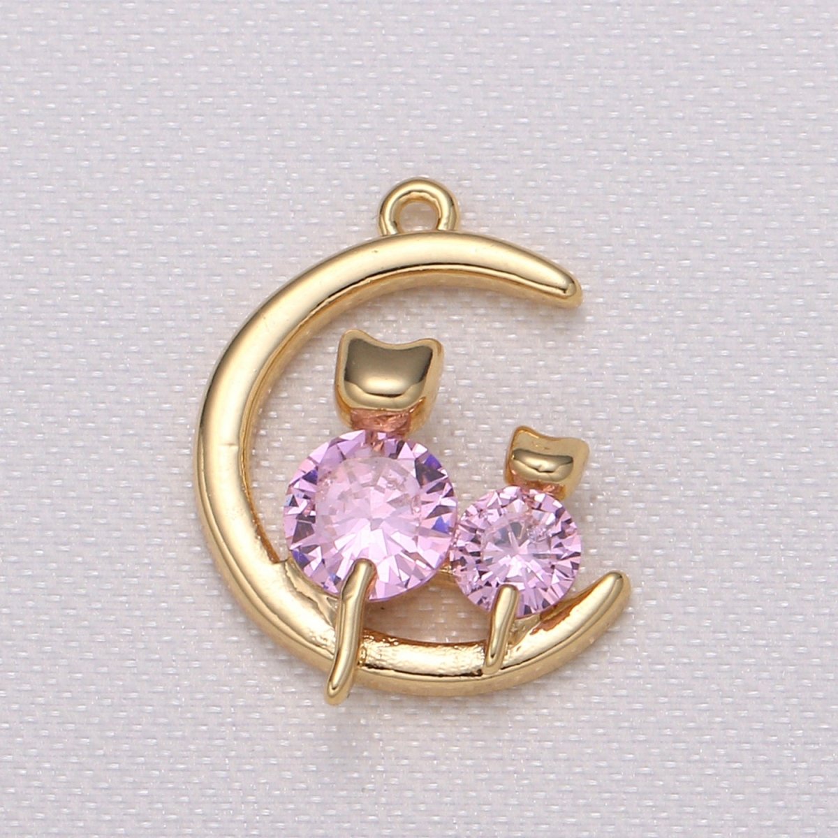 Crystal Cat Kitten Sitting on Golden Crescent Charm CZ Animal and Plain Gold Sky Object Nature Charm Pendant - DLUXCA