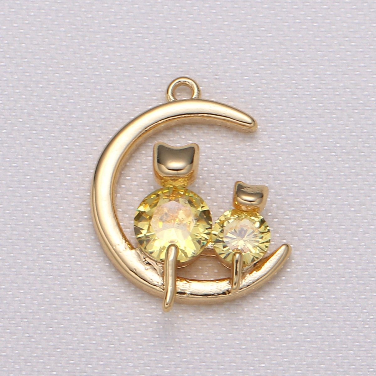 Crystal Cat Kitten Sitting on Golden Crescent Charm CZ Animal and Plain Gold Sky Object Nature Charm Pendant - DLUXCA