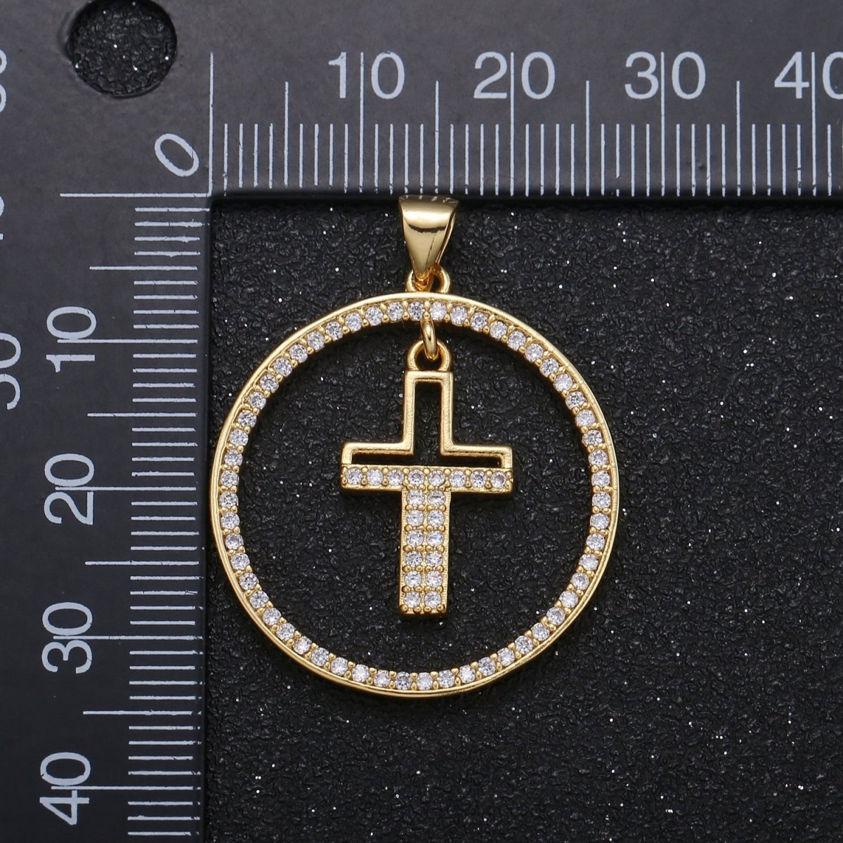 Crystal Cross Inside Gold Plated Round Circle Charm CZ Micro Pave Christian Cross Prayer Symbol Charm Pendant GP-049 - DLUXCA