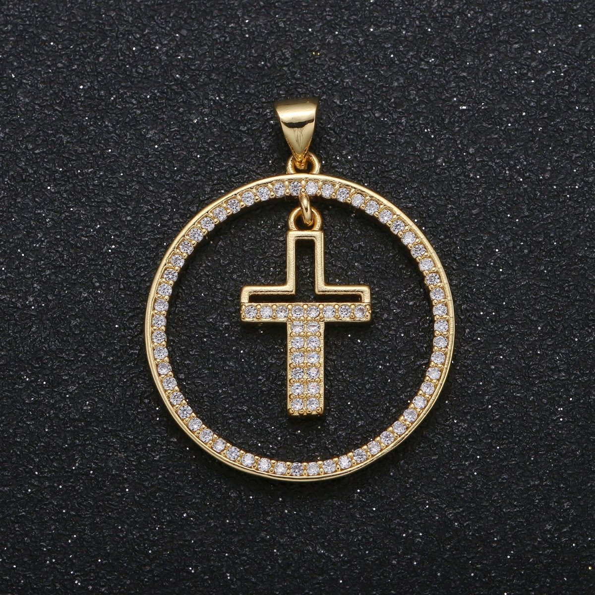 Crystal Cross Inside Gold Plated Round Circle Charm CZ Micro Pave Christian Cross Prayer Symbol Charm Pendant GP-049 - DLUXCA