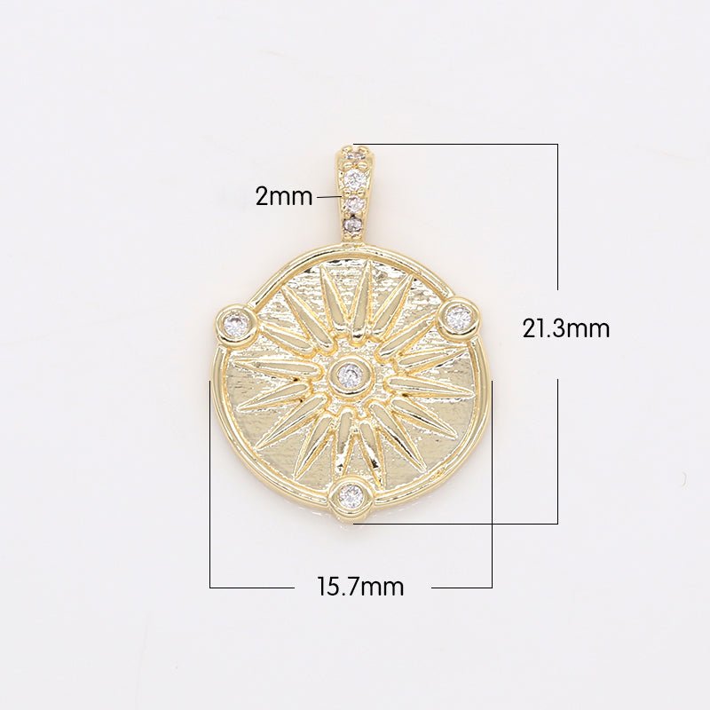 Crystal Sun Ornament on Gold Plated Rustic Coin Charm CZ Morning Sunburst Nature Golden Medallion Charm Pendant GP-129 - DLUXCA