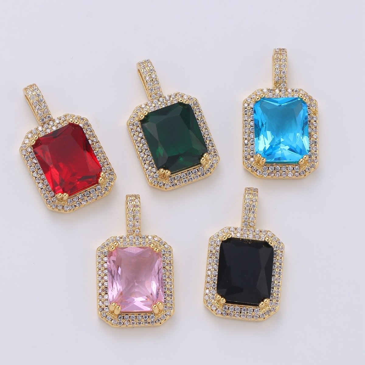 Cubic Blue, Black, Green, Pink, Red 24k Gold Filled Solitaire Micro Pave Pendant, Large Emerald Diamond Cut Square Cz Stone Pendant, J-238~J-242 - DLUXCA