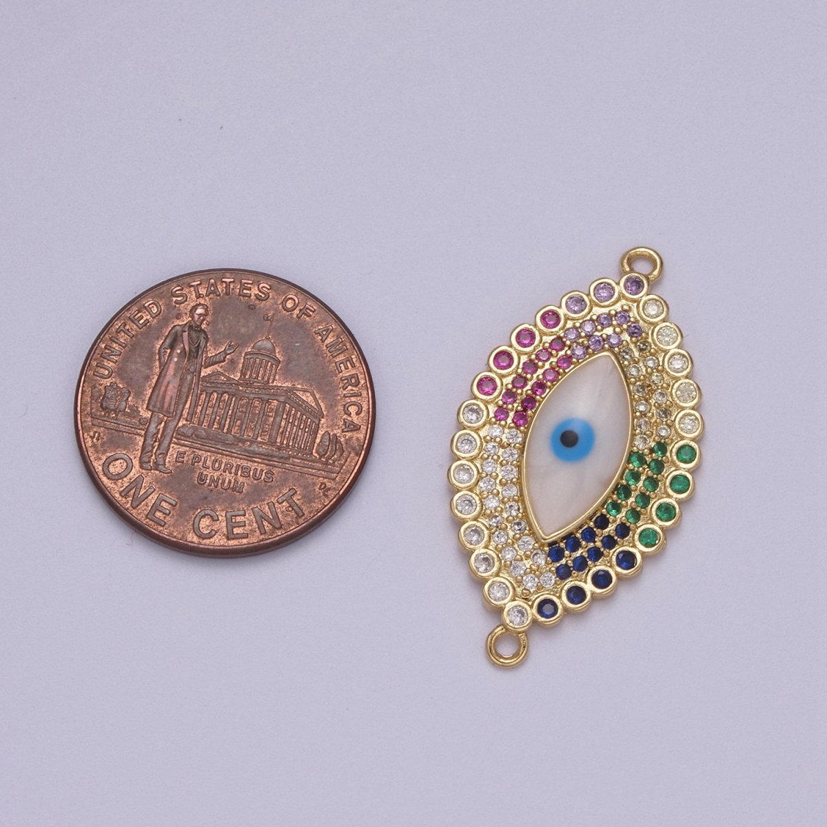 Cubic Evil Eye Charm Connector Greek Eye Double Bail Pendant Connector with CZ Rhinestone Accent Micro Pave Evil Eye Charm For Necklace Making N-145 - DLUXCA