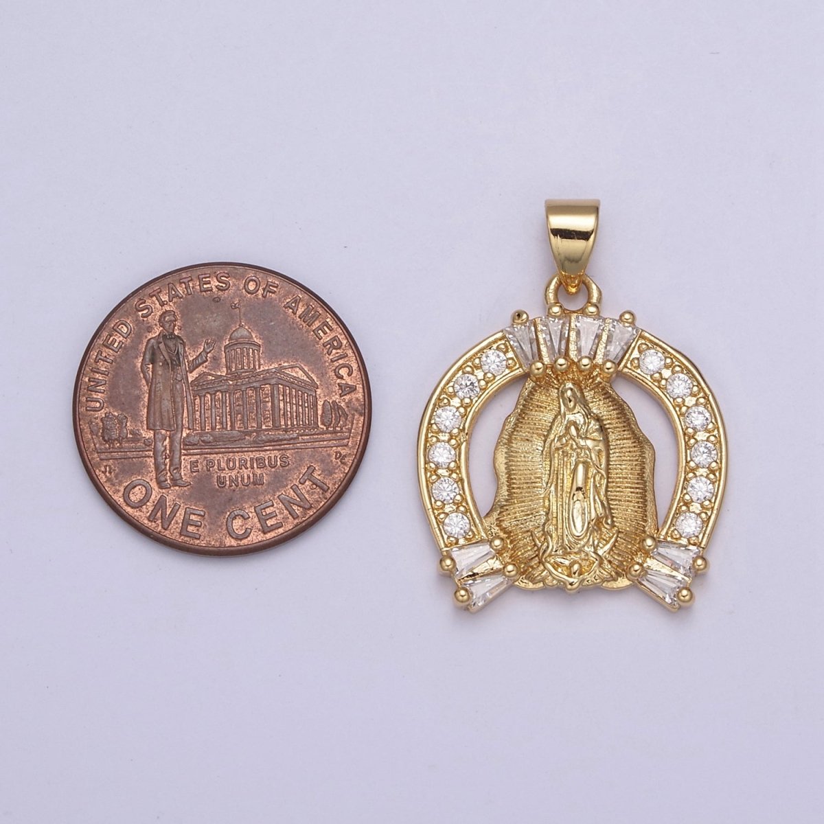 Cubic Gold Horse Shoe Medallion Religious Pendant Lady Guadalupe Virgin Mary Charm for Jewelry Making Supply H-741 - DLUXCA