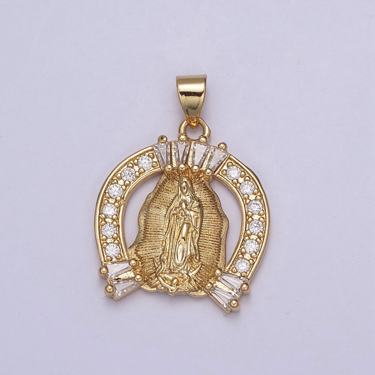 Cubic Gold Horse Shoe Medallion Religious Pendant Lady Guadalupe Virgin Mary Charm for Jewelry Making Supply H-741 - DLUXCA