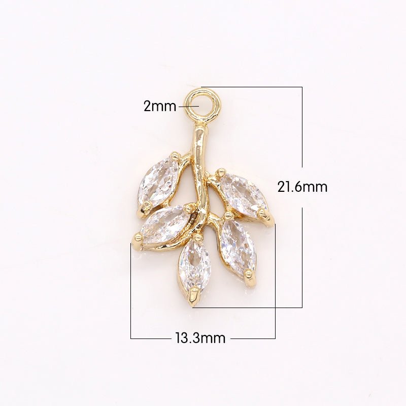 Cubic Olive Tree Branch Charm Marquise Gold Floral Tree Nature Charm Pendant GP-395 - DLUXCA