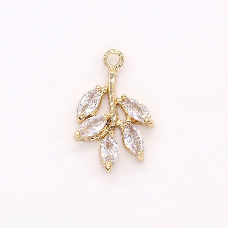 Cubic Olive Tree Branch Charm Marquise Gold Floral Tree Nature Charm Pendant GP-395 - DLUXCA