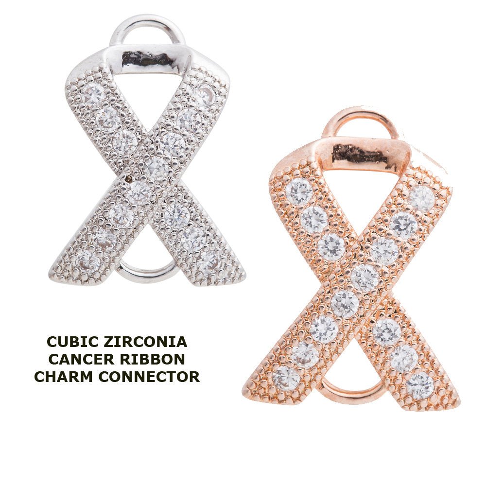 Cubic Zirconia Cancer Ribbon Hope Cooper Charm Connector, Crystal Rhinestone CZ Pave Czech Bracelet Design Gold Plated Material F-154 - DLUXCA