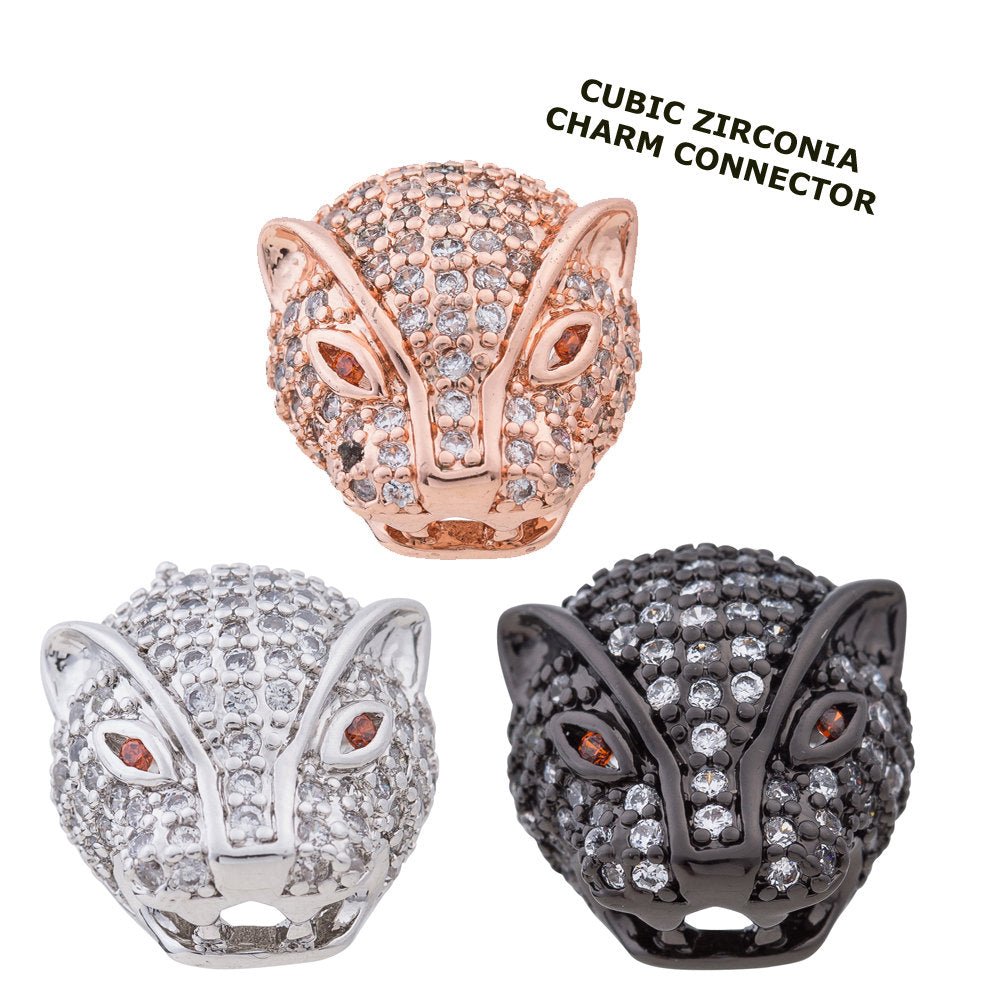 Cubic Zirconia Cheetah Animal Kingdom Design Cooper Charm Connector, Crystal Rhinestone CZ Pave Czech Bracelet Design Plated Material, B-413 B-469 B-470 - DLUXCA