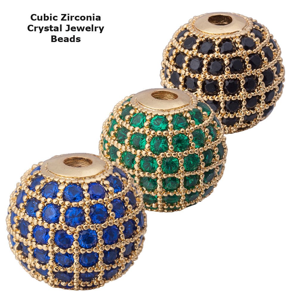 Cubic Zirconia Cooper Black Green Blue Disco Ball Shambala Beads, Crystal Rhinestone CZ Pave Czech Bead, Gold Plated 10mm, Pack of - DLUXCA
