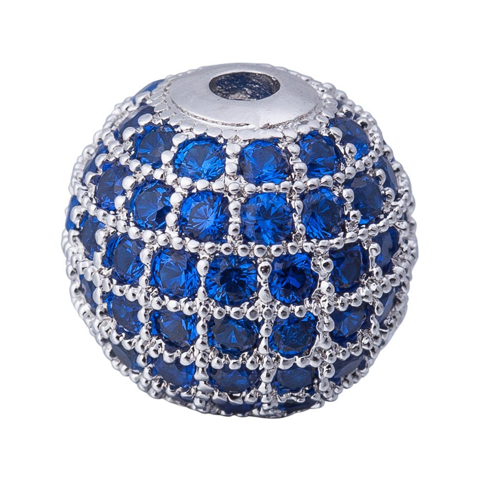 Cubic Zirconia Gold Filled Cooper Disco Ball Shambala Beads, Blue Crystal Rhinestone CZ Pave Czech Bead, Silver, 10mm | B-325 - DLUXCA