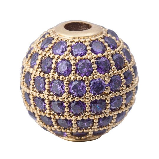 Cubic Zirconia Gold Filled Cooper Disco Ball Shambala Beads, Purple Crystal Rhinestone CZ Pave Czech Bead, Gold, 10mm | B-483 - DLUXCA
