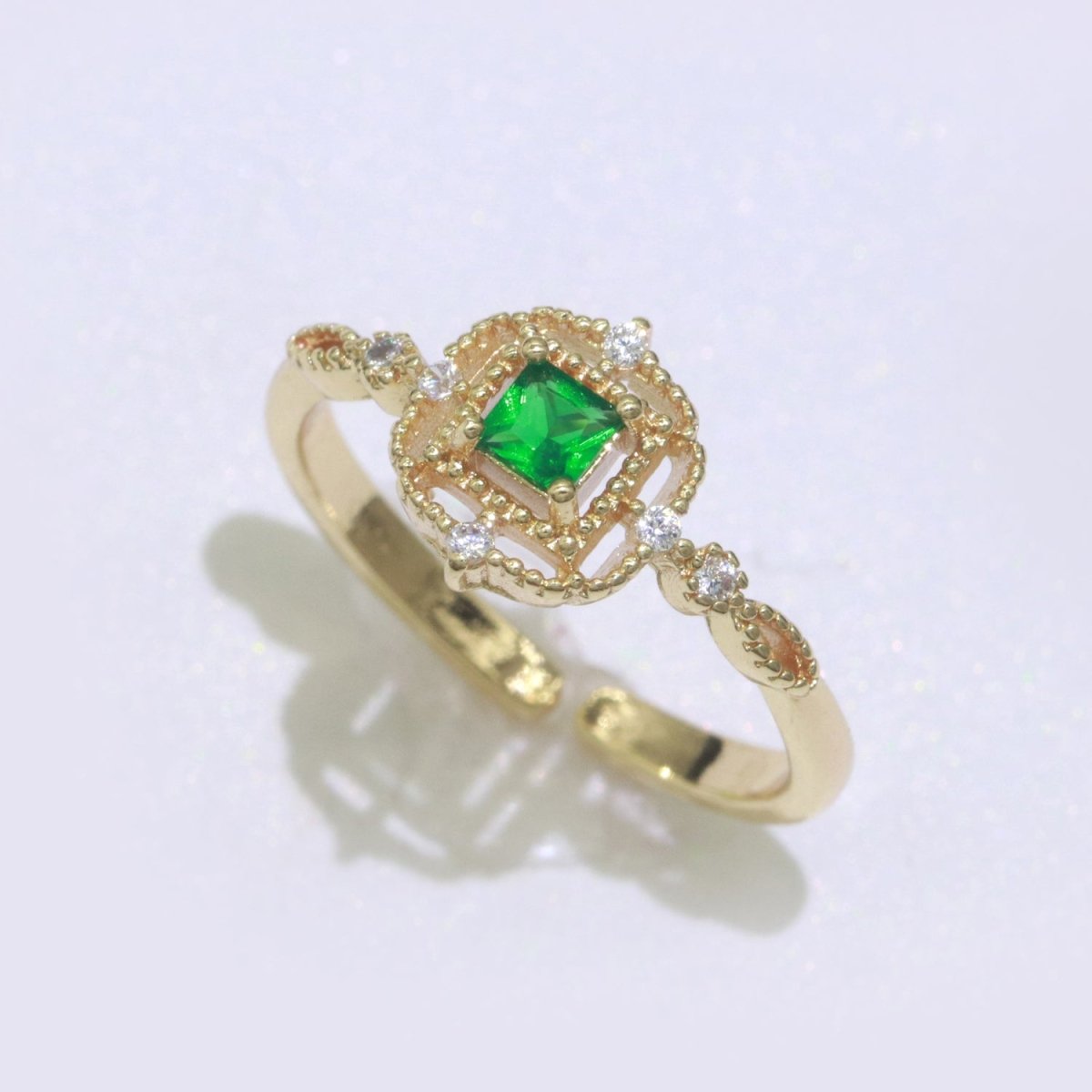 Cubic Zirconia Green Ring, Vintage Style Micro Pave CZ Open Adjustable Ring Gold Filled O-449 - DLUXCA
