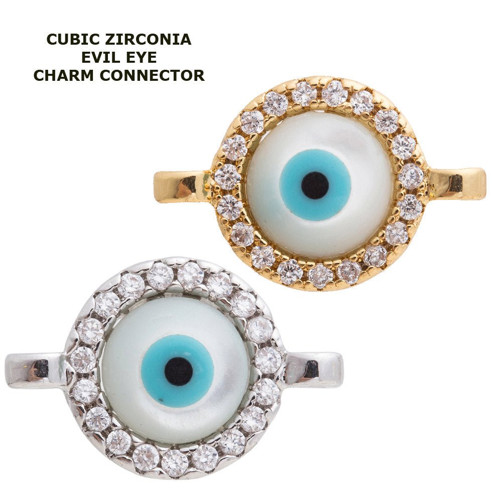 Cubic Zirconia Round Shell Evil Eye Protection Gold Filled Cooper Charm Connector Crystal Rhinestone CZ Pave Czech Bracelet Design F-257 F-300 - DLUXCA