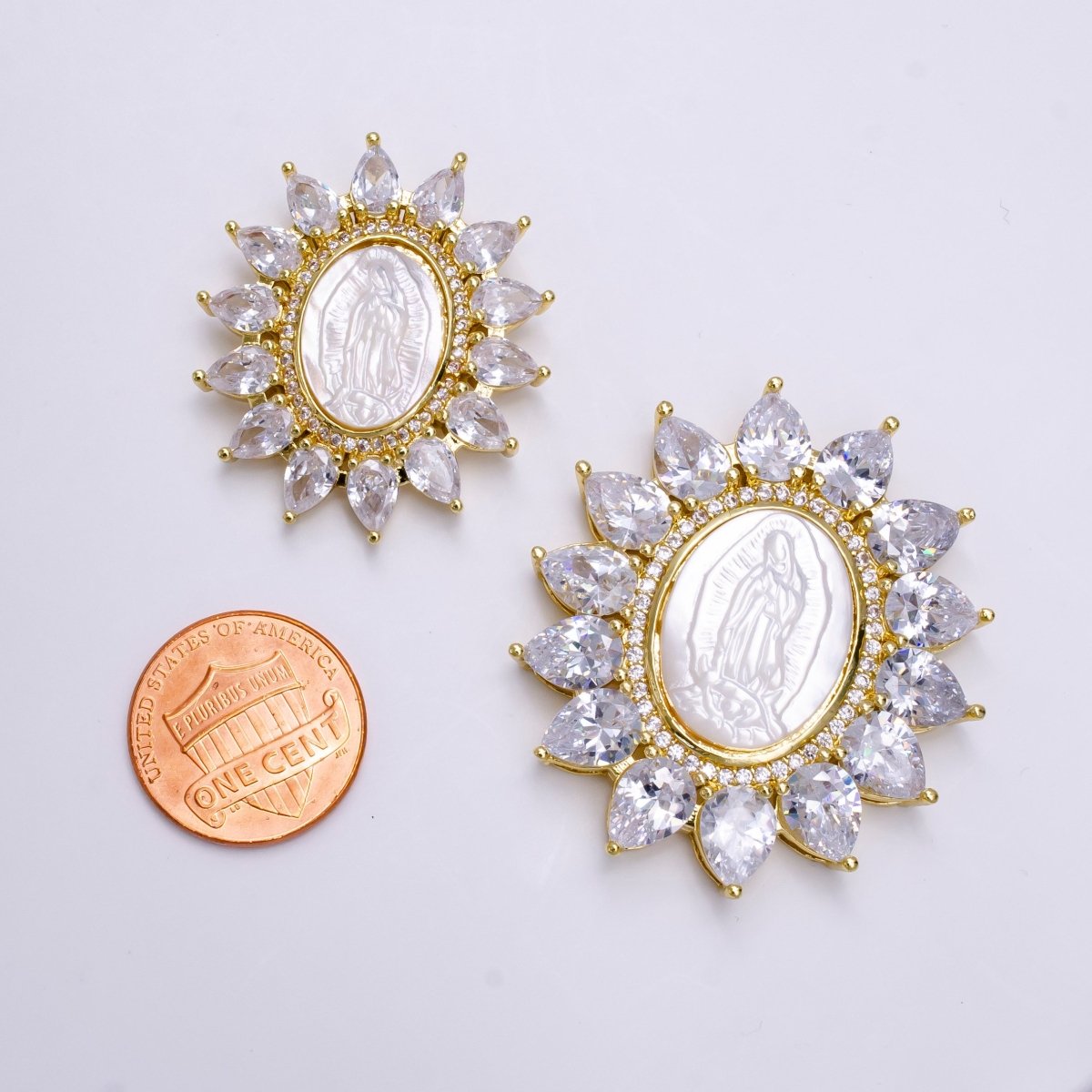 Cubic Zirconia Sun Flower Virgin Mary Lady Guadalupe Gold Pendant, Pearl Mary Pendant Religious Jewelry Making AA-746 AA-747 - DLUXCA