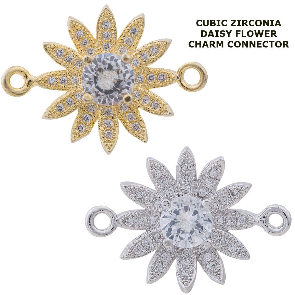 Cubic Zirconia Sunflower Girasol Fauna Daisy Flower Gold Filled Cooper Charm Connector Crystal Rhinestone Pave Czech Bracelet Design F-143 - DLUXCA