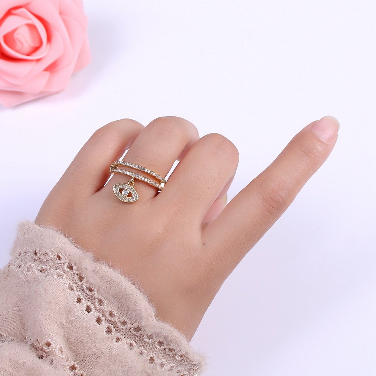 Cute Cz Gold Evil eye ring - Stackable Eye Ring - CZ Rings - Dangle Eye Ring - Dainty Stackable Rings - Adjustable Open Ring U-120 - DLUXCA