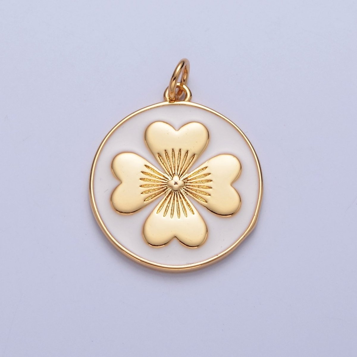 Cute Enamel Clover On Round Coin Shape Pendant, 24K Gold Filled Clover Charm, Necklace Bracelet Supply W-286 - DLUXCA