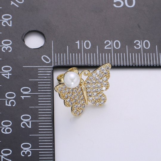 Cz Butterfly Pearl Earring, Butterfly Gold Stud Earring, Faux Pearl Earring, Silver Wedding Jewelry, Statement Jewelry P-096 P-097 - DLUXCA