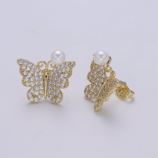 Cz Butterfly Pearl Earring, Butterfly Gold Stud Earring, Faux Pearl Earring, Silver Wedding Jewelry, Statement Jewelry P-096 P-097 - DLUXCA