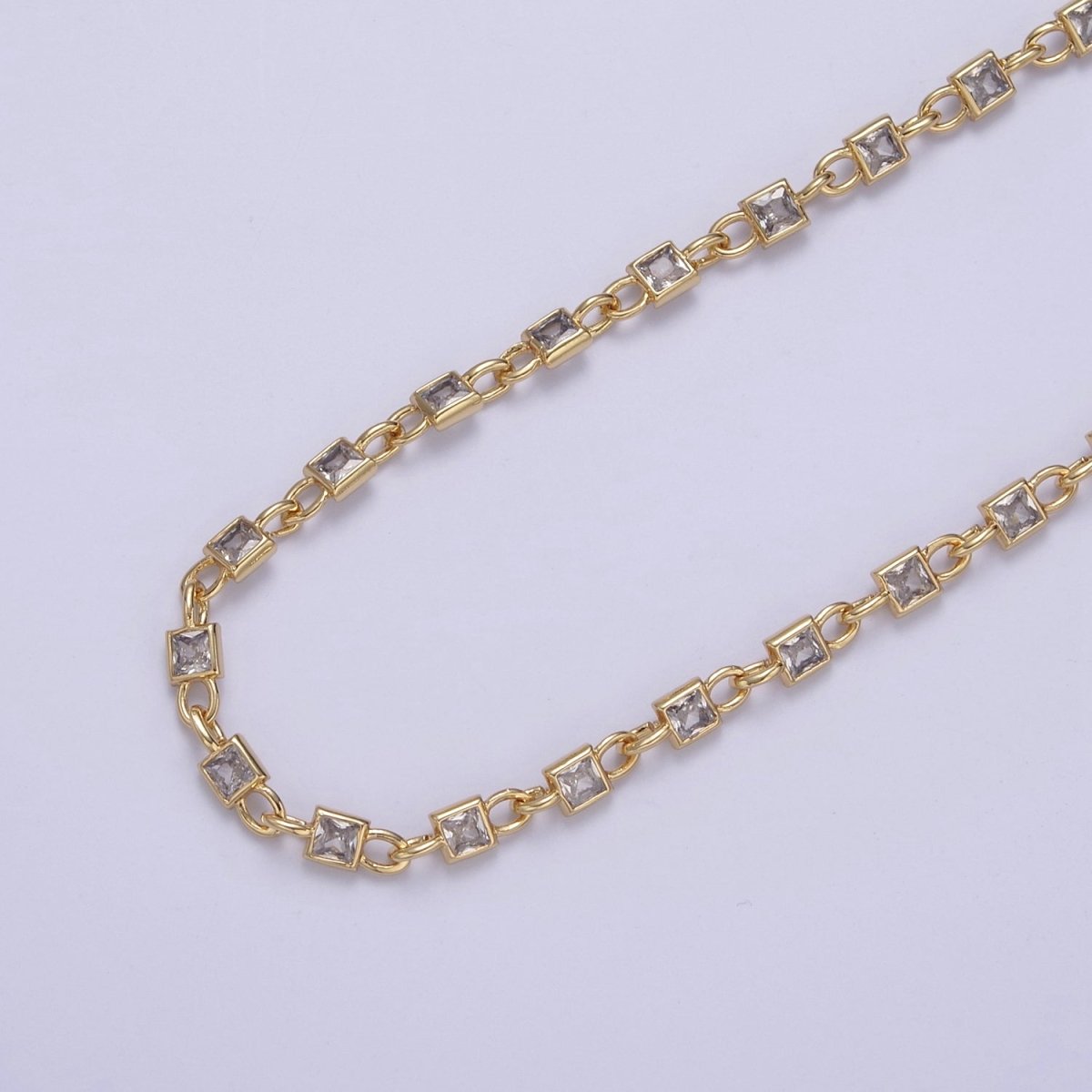 CZ Chain By The Yard, Genuine 4mm Square Shape CZ Bezel Chain Gold BULK Wholesale Cz Connector Chains | ROLL-758 759 760 761 Clearance Pricing - DLUXCA