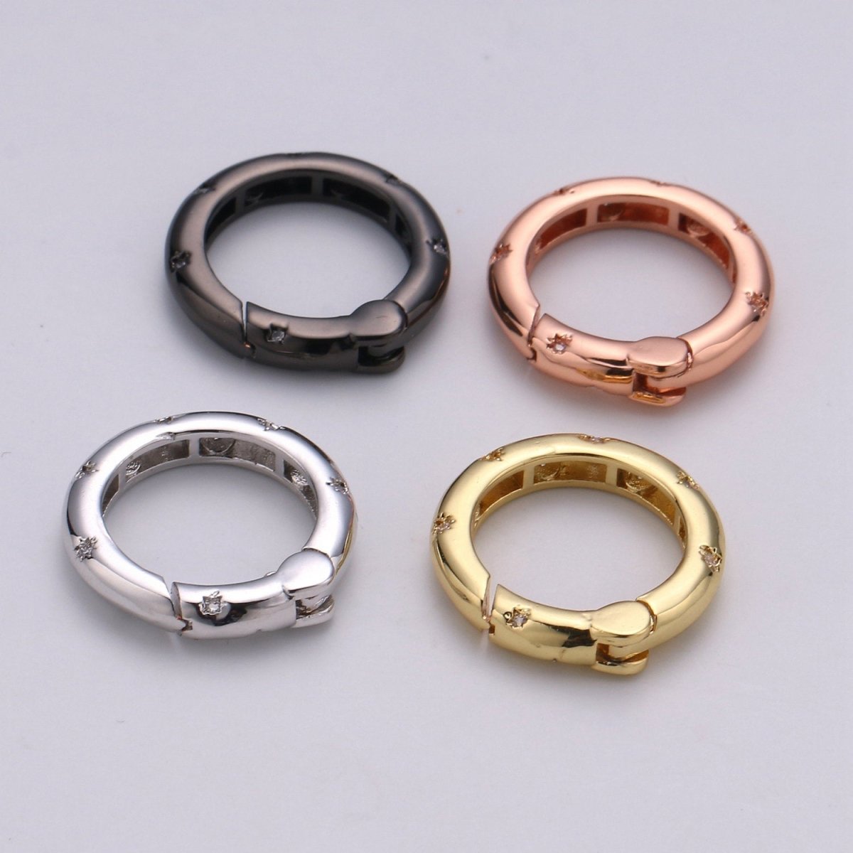 Cz Gold Spring Gate Ring, Push Gate ring, 20mm Round Ring Charm Holder Rose Gold Black Gun Metal Silver Clasp for Connector Charm Holder K-851 - DLUXCA