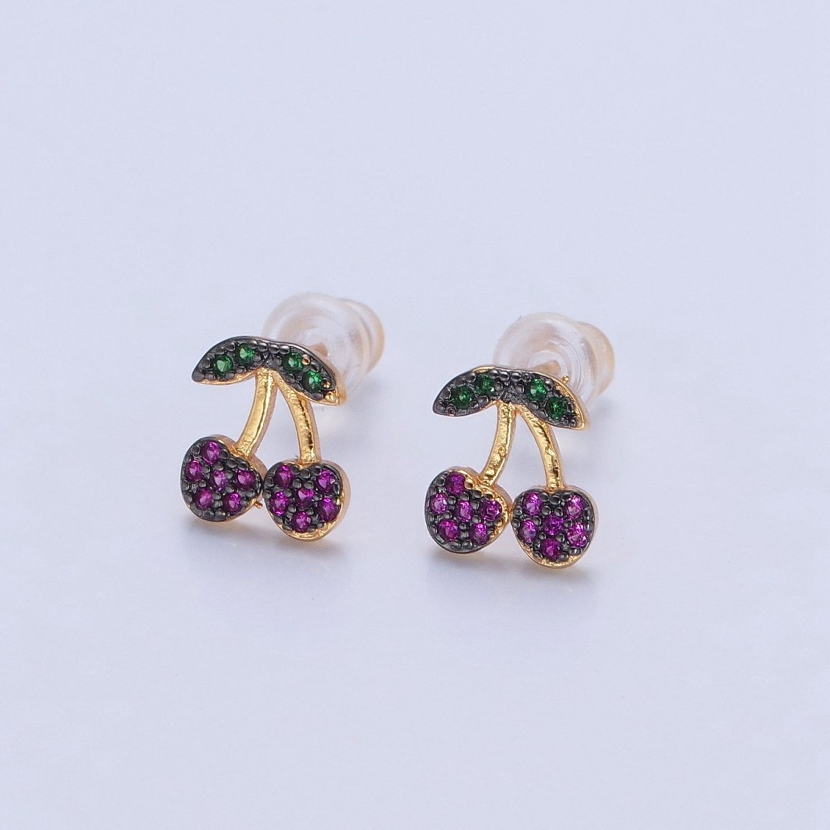 CZ Micro Pave 24K Gold Filled Cherry Fruit Stud Earrings V-450 - DLUXCA