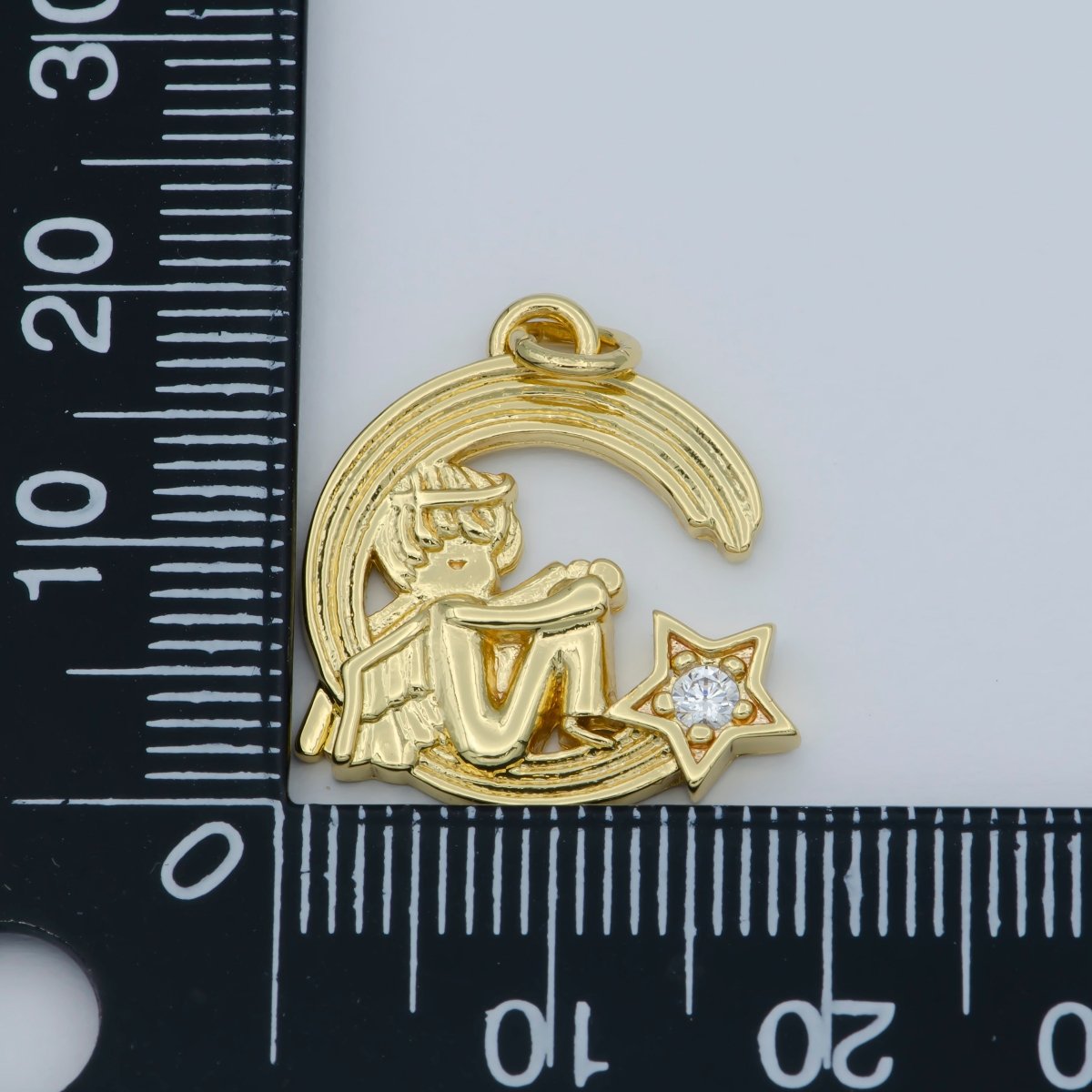 CZ Micro Pave Cherub Angel On Cresent Moon Shape Pendant, Gold Filled Charm Pendant, Necklace Bracelet Component M-356 - DLUXCA