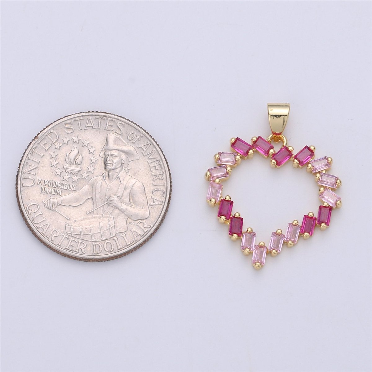 CZ Pink Heart Pendant Charm, Heart Shaped Baguette Charm in 14k gold filled for Necklace Earring Component I-328 - DLUXCA