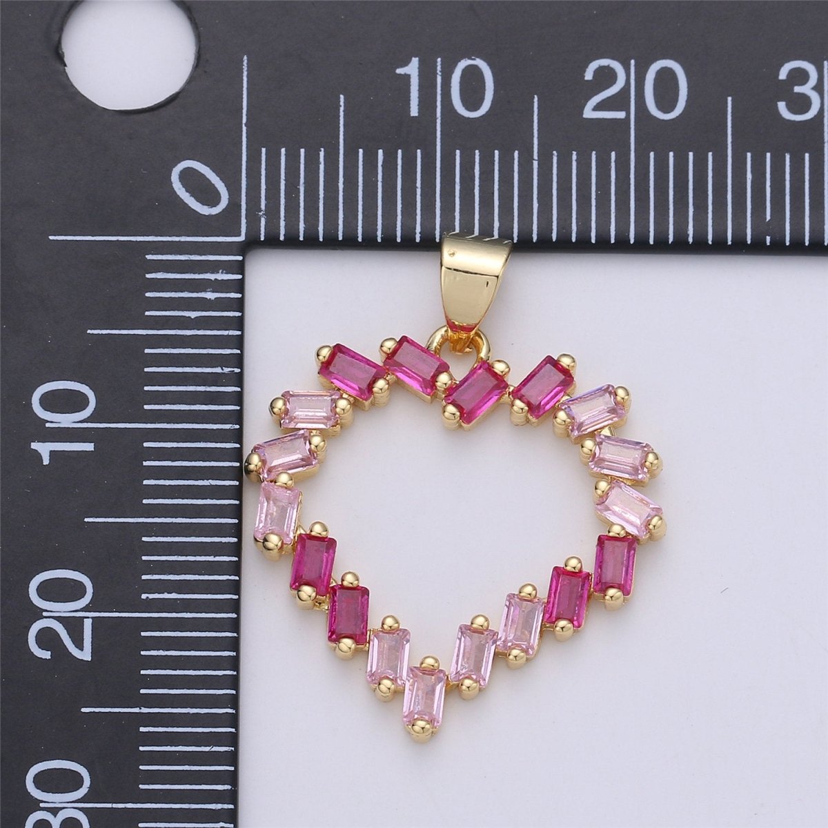 CZ Pink Heart Pendant Charm, Heart Shaped Baguette Charm in 14k gold filled for Necklace Earring Component I-328 - DLUXCA