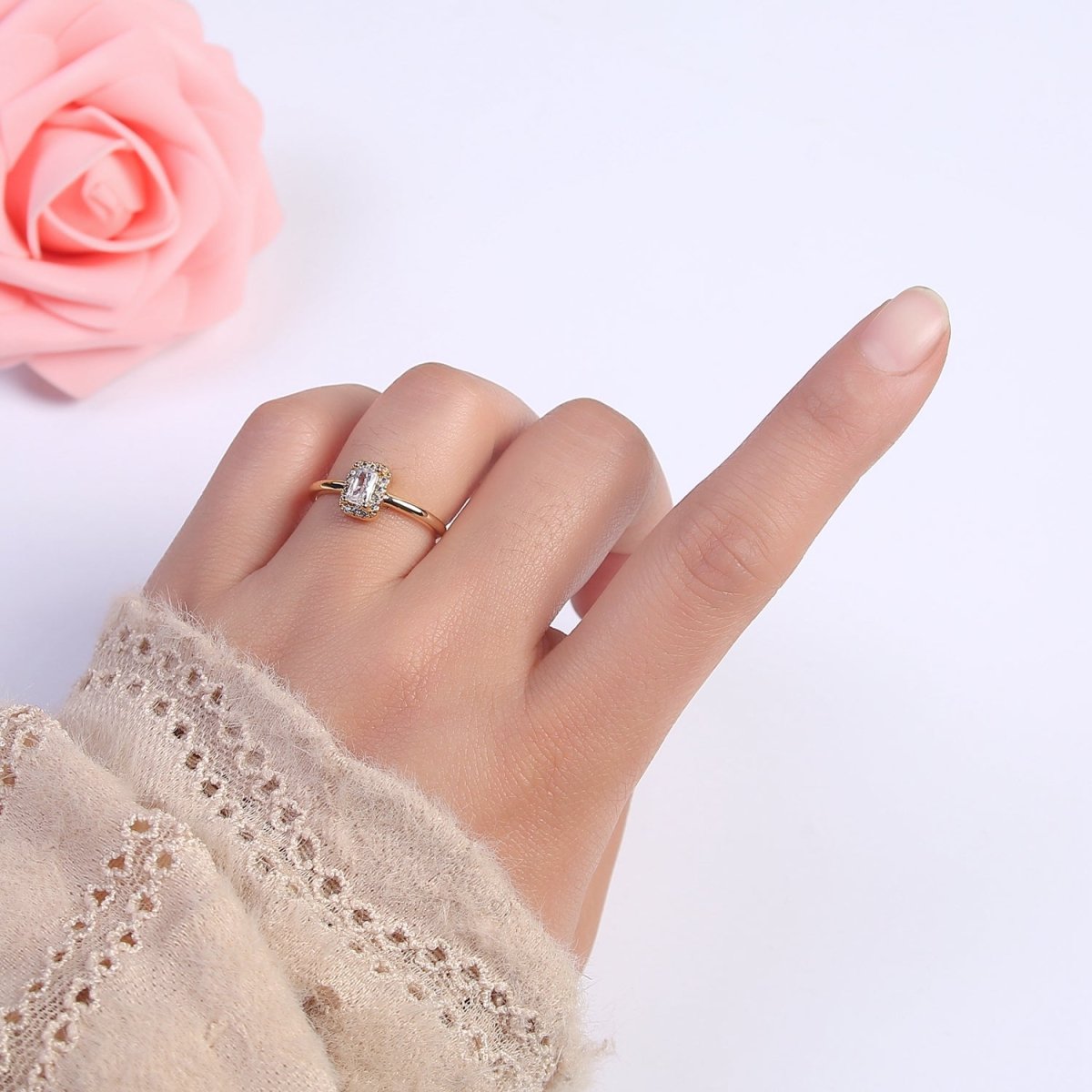 CZ Rectangle Ring Gold Ring Zircon Jewelry Rectangle Promise Ring Adjustable Ring Minimalist Jewelry U-498 - DLUXCA