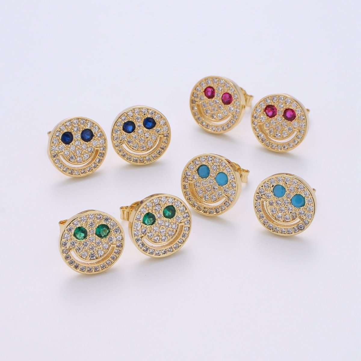 Cz Smiley face stud earrings, Tiny smiley face studs, simple gold stud earrings, Round Gold Studs, happy face studs, disc stud earrings Q-301 - Q-304 - DLUXCA