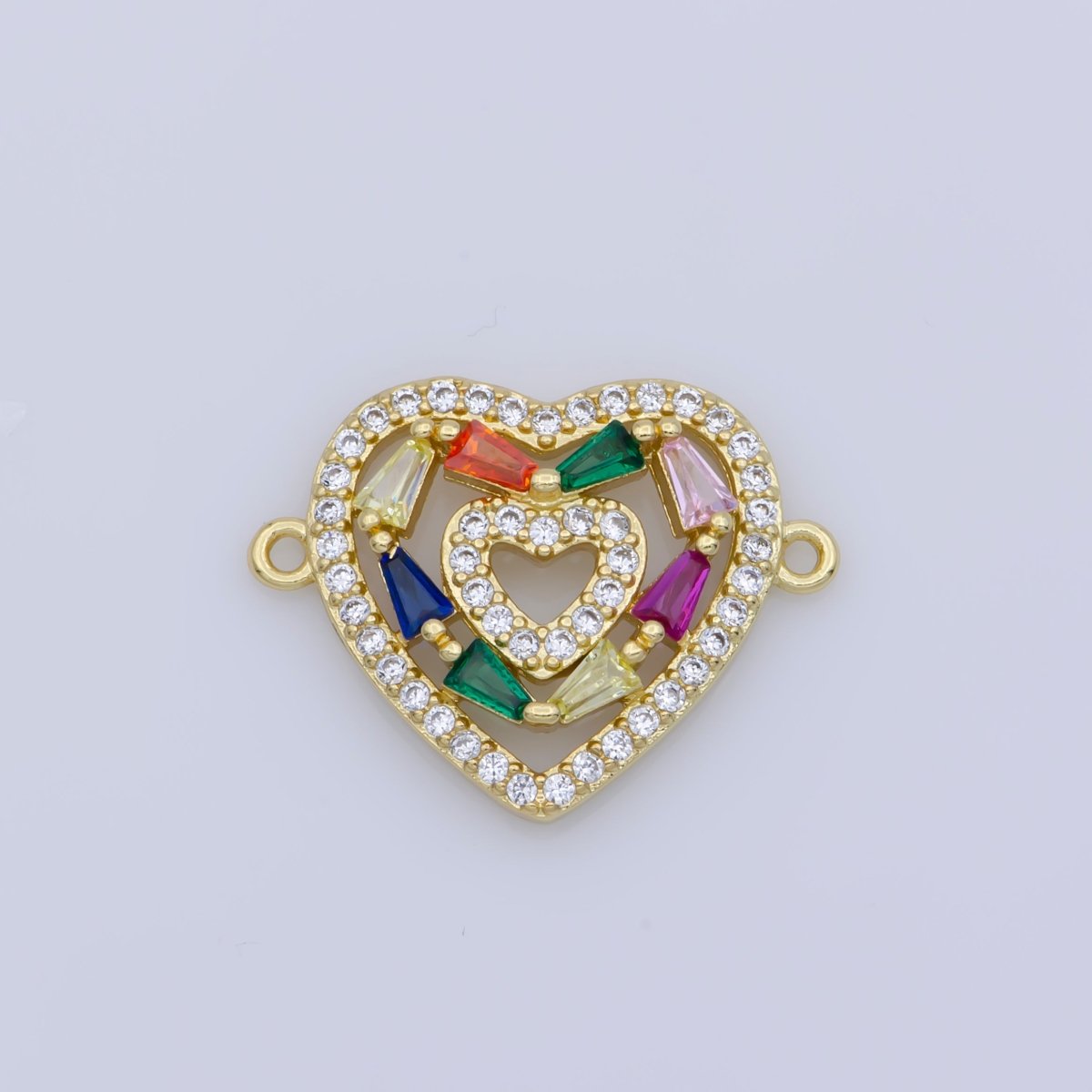 Dainty 14k Gold Filled Heart Charm, Micro Pave Link Connector, Multi Color Cubic Zirconia Charm Connector F-348 - DLUXCA