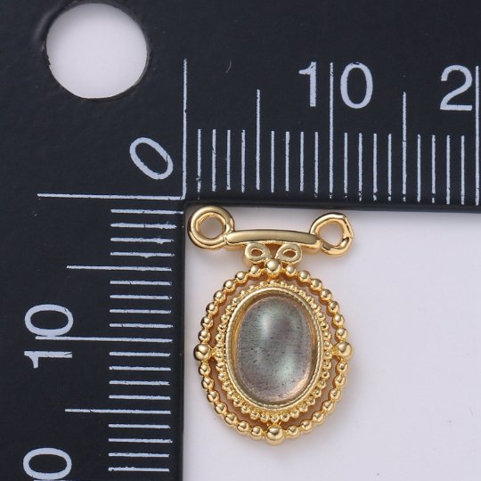 Dainty 14k Gold Filled Labradorite Charm Oval Medallion Pendant, 11x16.5mm, Gold Victorian Style Jewelry Double Bail Charm F-585 - DLUXCA