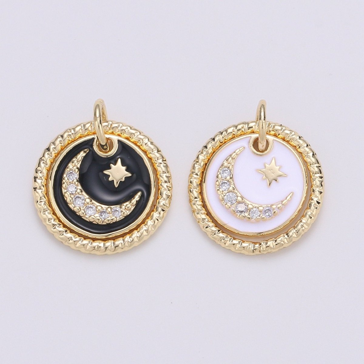 Dainty 14k Gold Filled Moon and Stars Charms, White Black CZ Pave Round Disc Pendant for Bracelet or Necklace Jewelry Supply D-226 D-227 - DLUXCA