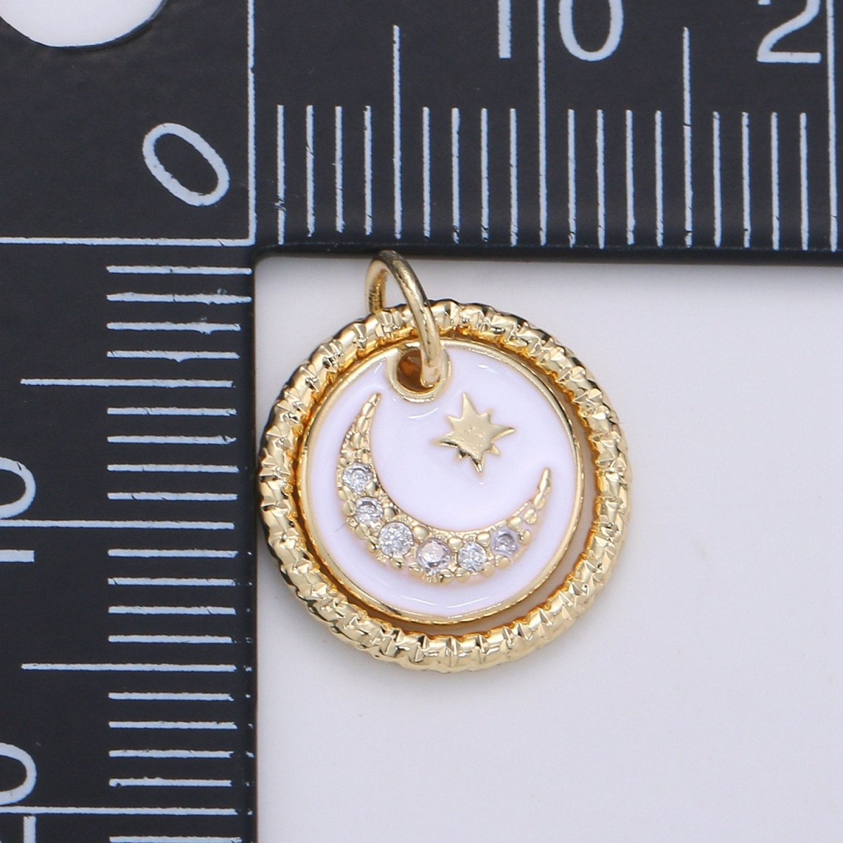 Dainty 14k Gold Filled Moon and Stars Charms, White Black CZ Pave Round Disc Pendant for Bracelet or Necklace Jewelry Supply D-226 D-227 - DLUXCA