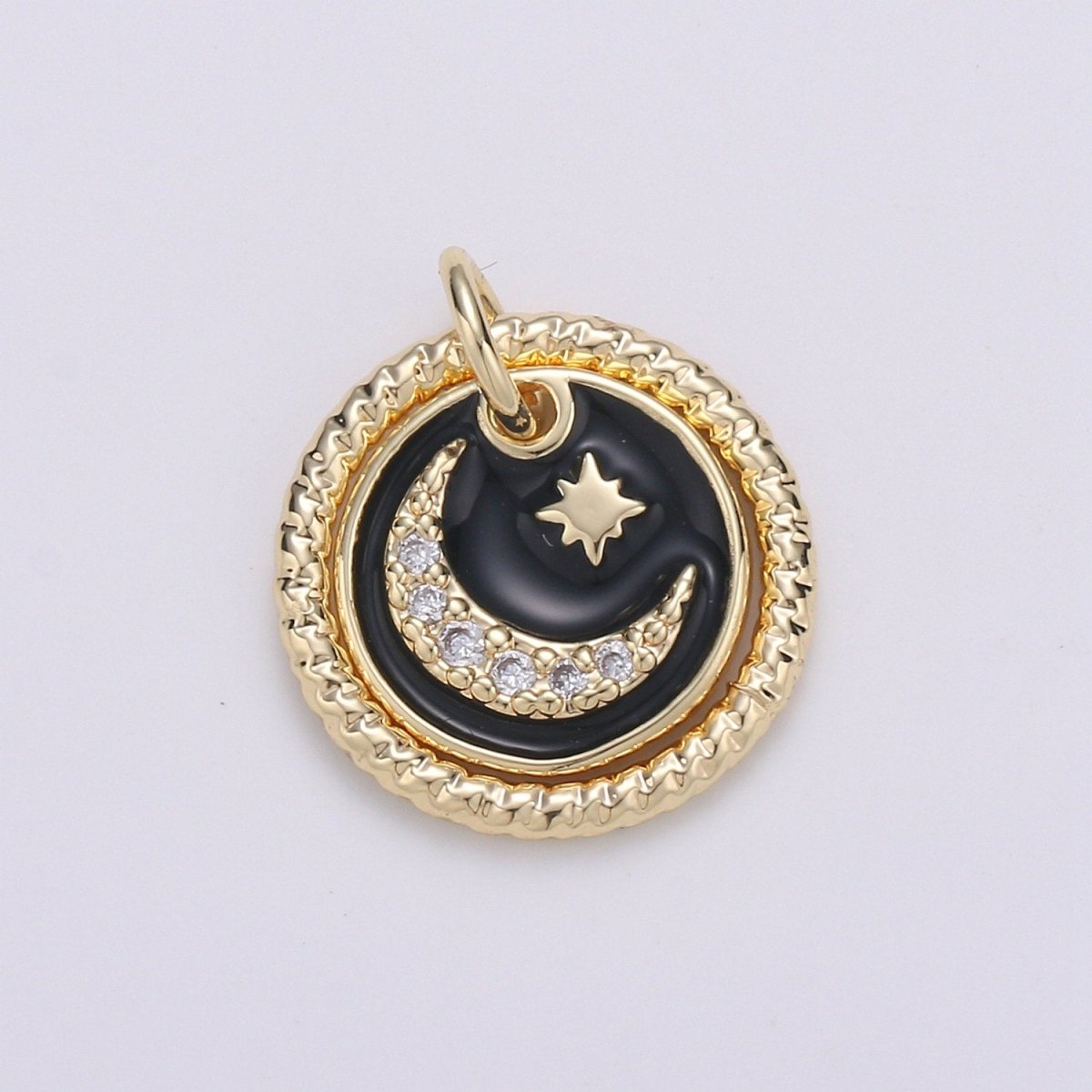 Dainty 14k Gold Filled Moon and Stars Charms, White Black CZ Pave Round Disc Pendant for Bracelet or Necklace Jewelry Supply D-226 D-227 - DLUXCA