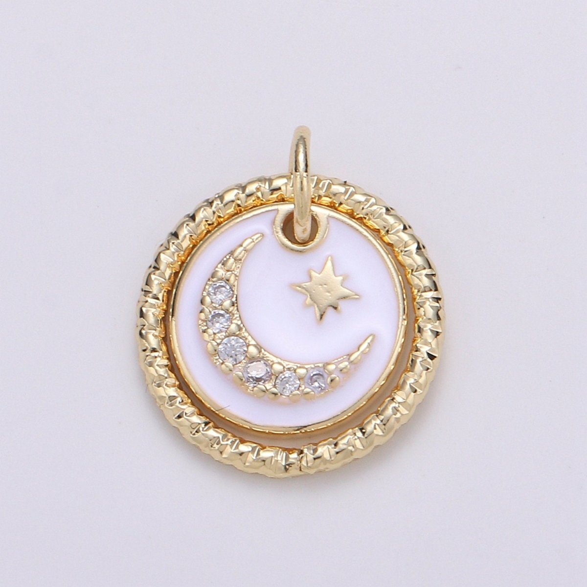 Dainty 14k Gold Filled Moon and Stars Charms, White Black CZ Pave Round Disc Pendant for Bracelet or Necklace Jewelry Supply D-226 D-227 - DLUXCA