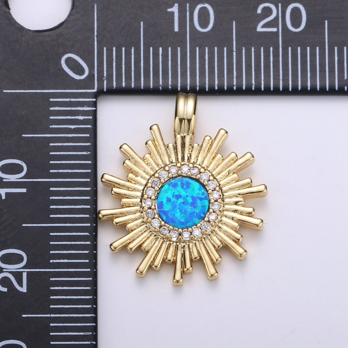 Dainty 14k Gold Filled Sun Burst Charm Opal Round SunBurst Medallion Pendant, 24x18mm, Micro Pave Gold Sun Celestial Jewelry I-676 - DLUXCA