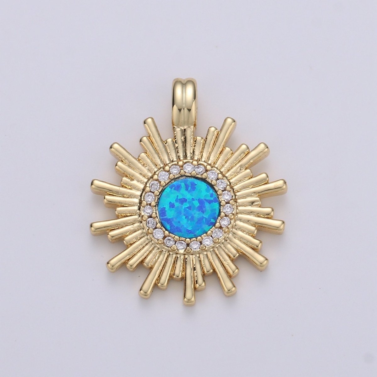 Dainty 14k Gold Filled Sun Burst Charm Opal Round SunBurst Medallion Pendant, 24x18mm, Micro Pave Gold Sun Celestial Jewelry I-676 - DLUXCA